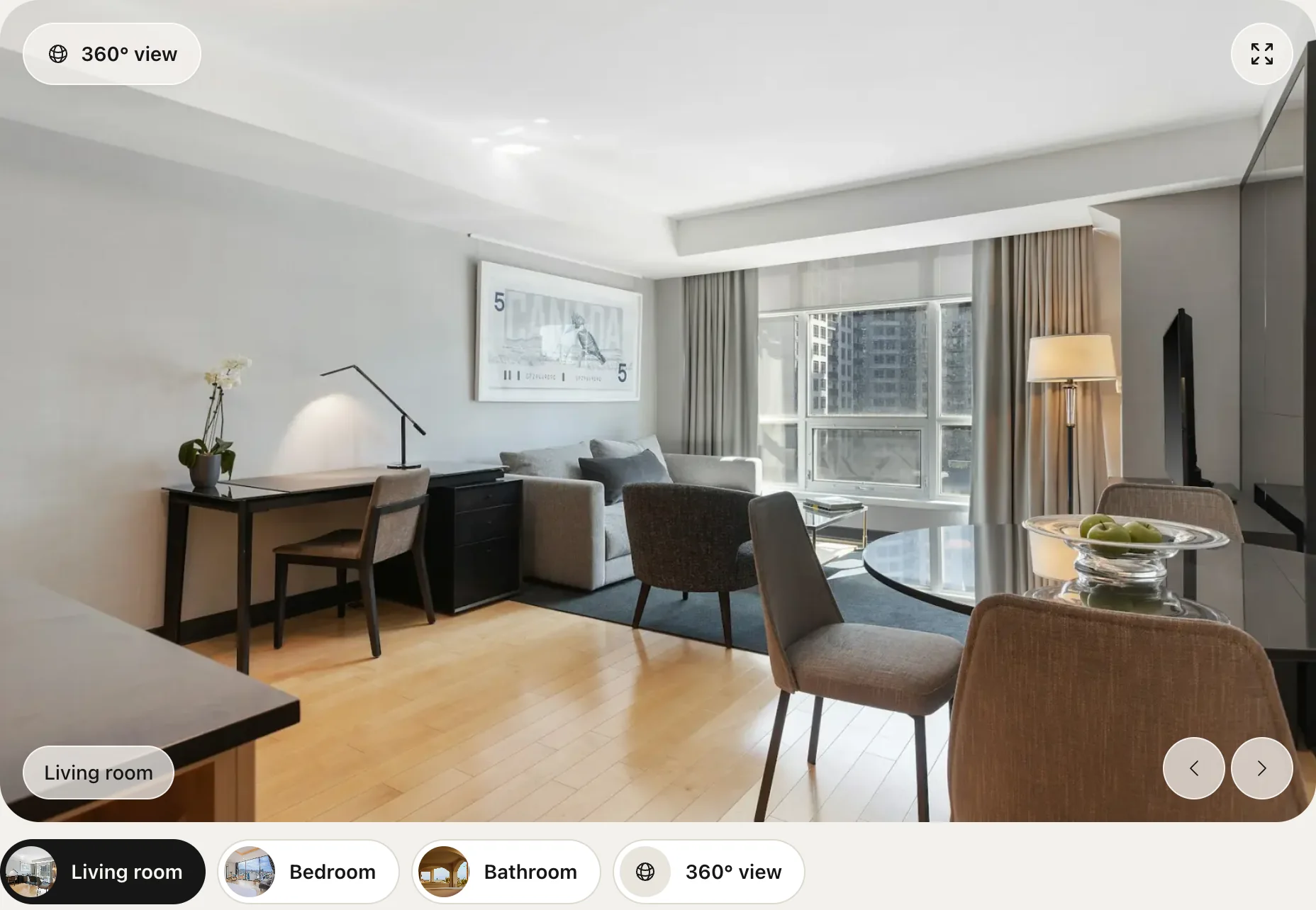 Room gallery with living room photograph and tabs for bedroom, bathroom and a 360-degree view
