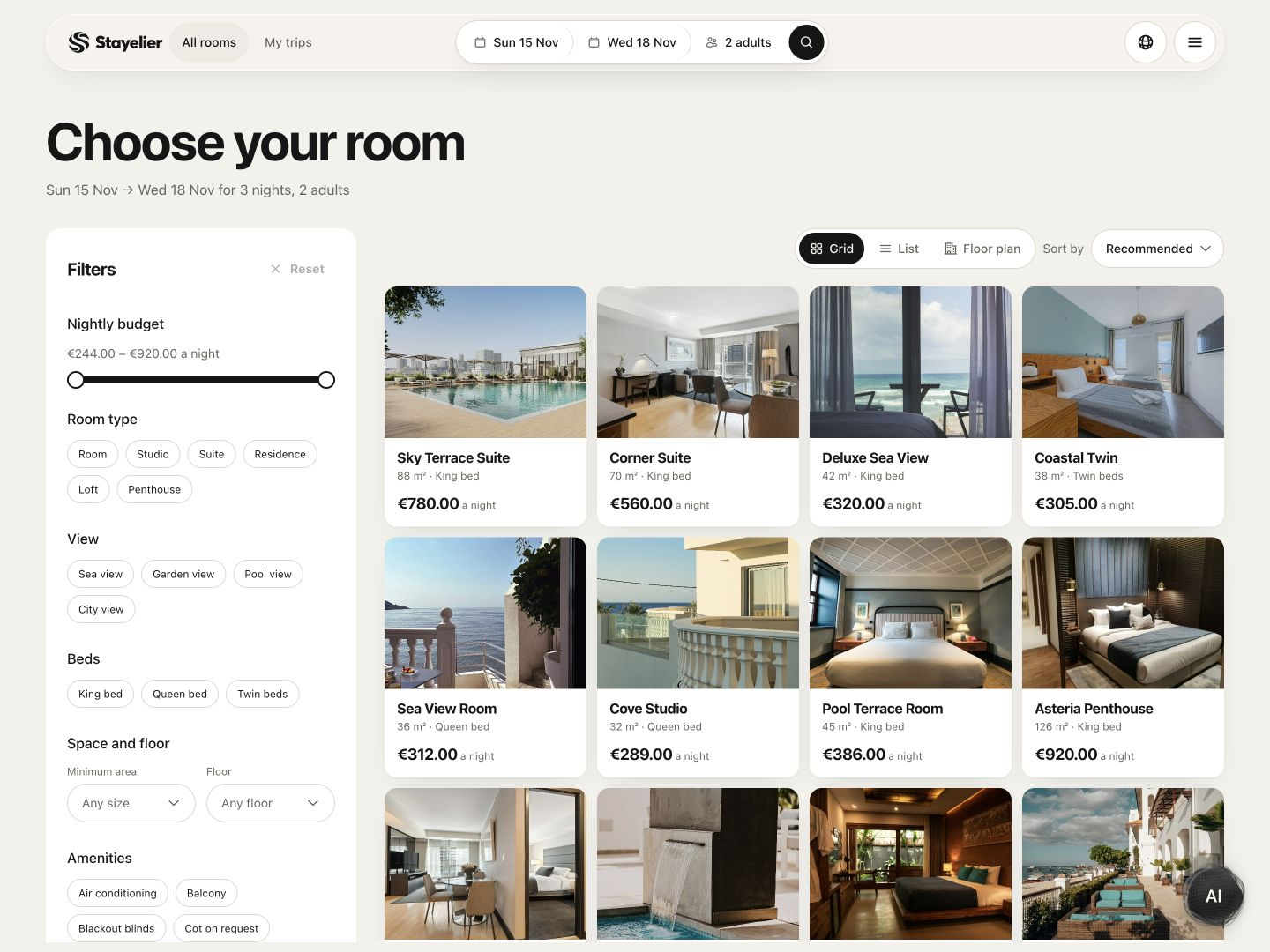Choose Corner Suite, scroll slightly to its 360-degree view, look around the room, then choose dates, a rate, extras and guest details before reviewing the booking