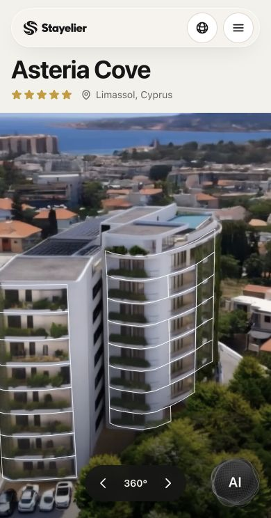 The mobile Stayelier guest website: turn around Asteria Cove in 360 degrees, choose Corner Suite and review a booking before confirmation