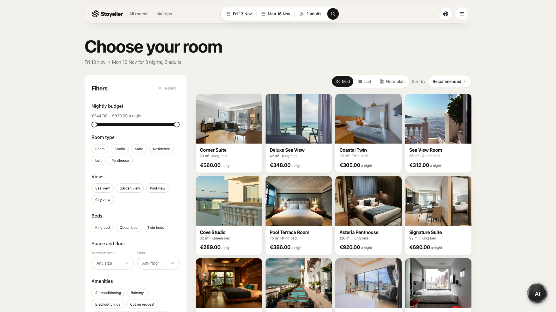 Stayelier hotel booking engine with stay dates, room photographs and rate choices