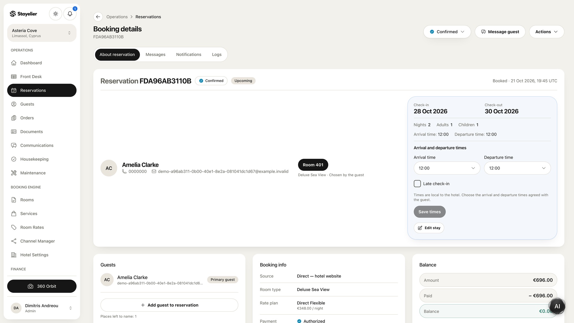 Stayelier reservation record with dates, room, rate plan, guest and payment balance