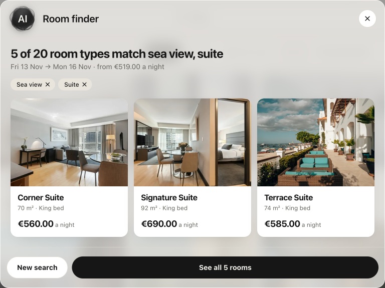 Room finder results for a sea view suite, showing three complete room cards and nightly prices