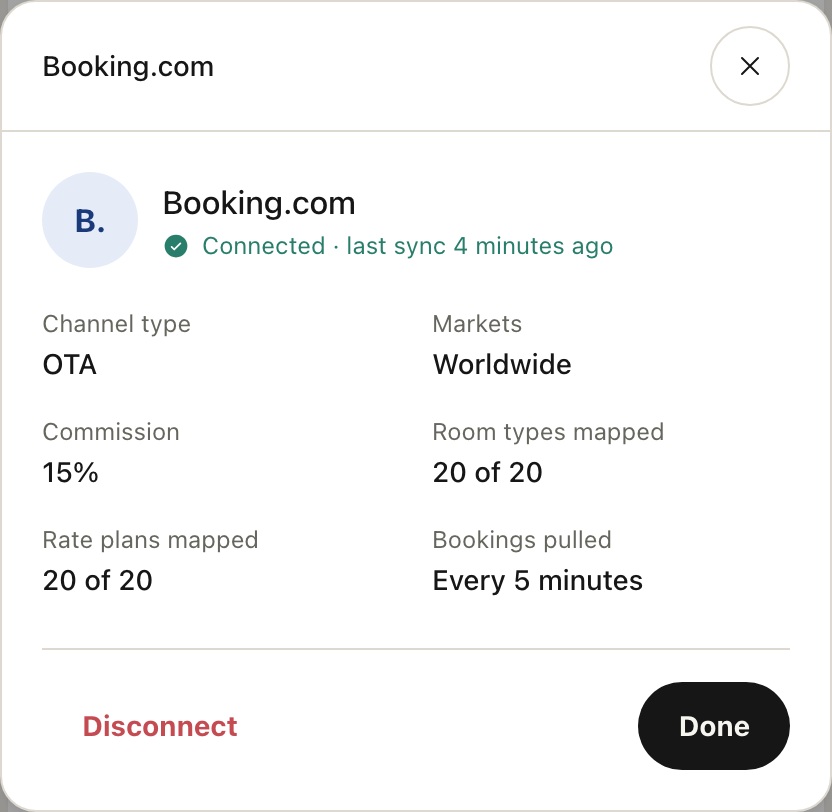 Booking.com channel details showing connection status, mapped rooms and rate plans