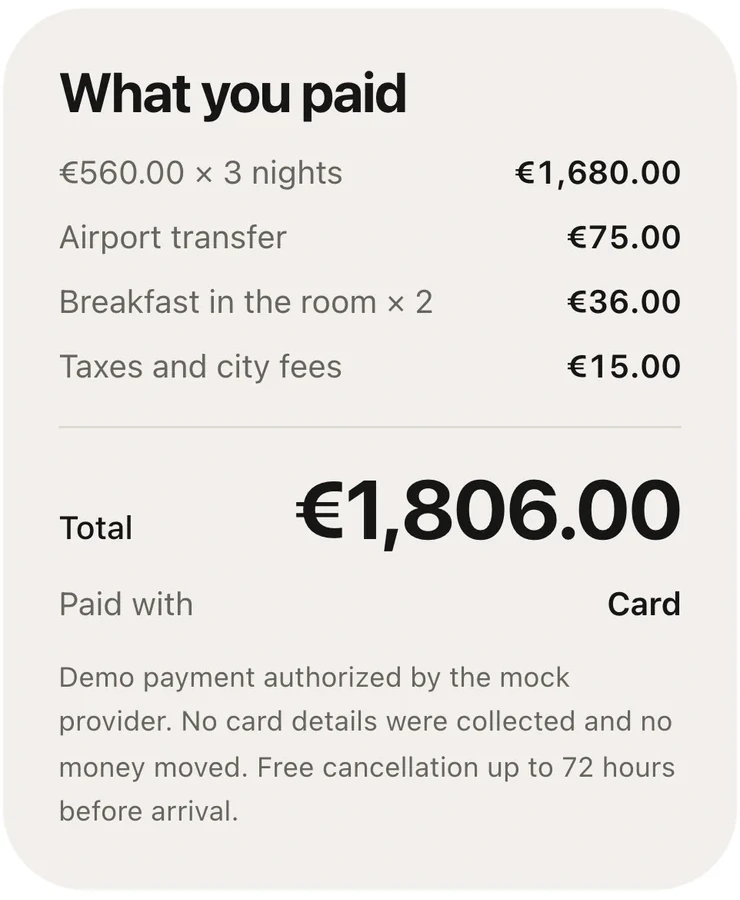 Confirmed booking payment breakdown including room, services, taxes and total