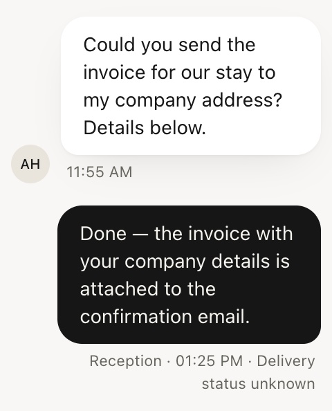 A guest requests an invoice and reception confirms it has been sent
