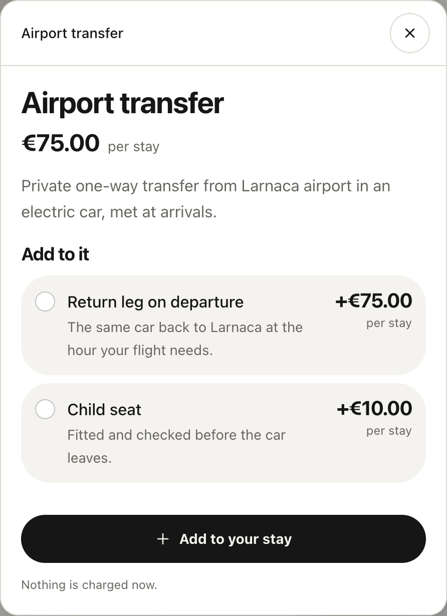 Airport transfer options with return journey, child seat, prices and add-to-stay action
