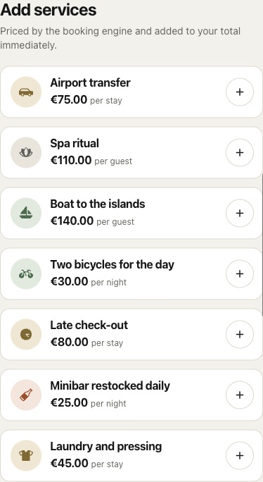 Optional services presented in the hotel guest booking flow