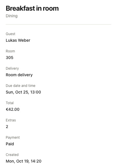 Breakfast order with guest, room, delivery time, extras and paid total